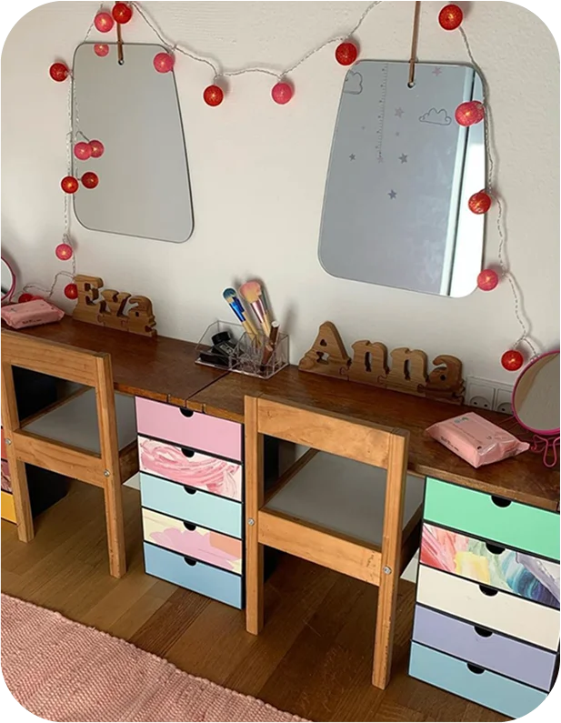 Playful self-care setup with mirrors and storage